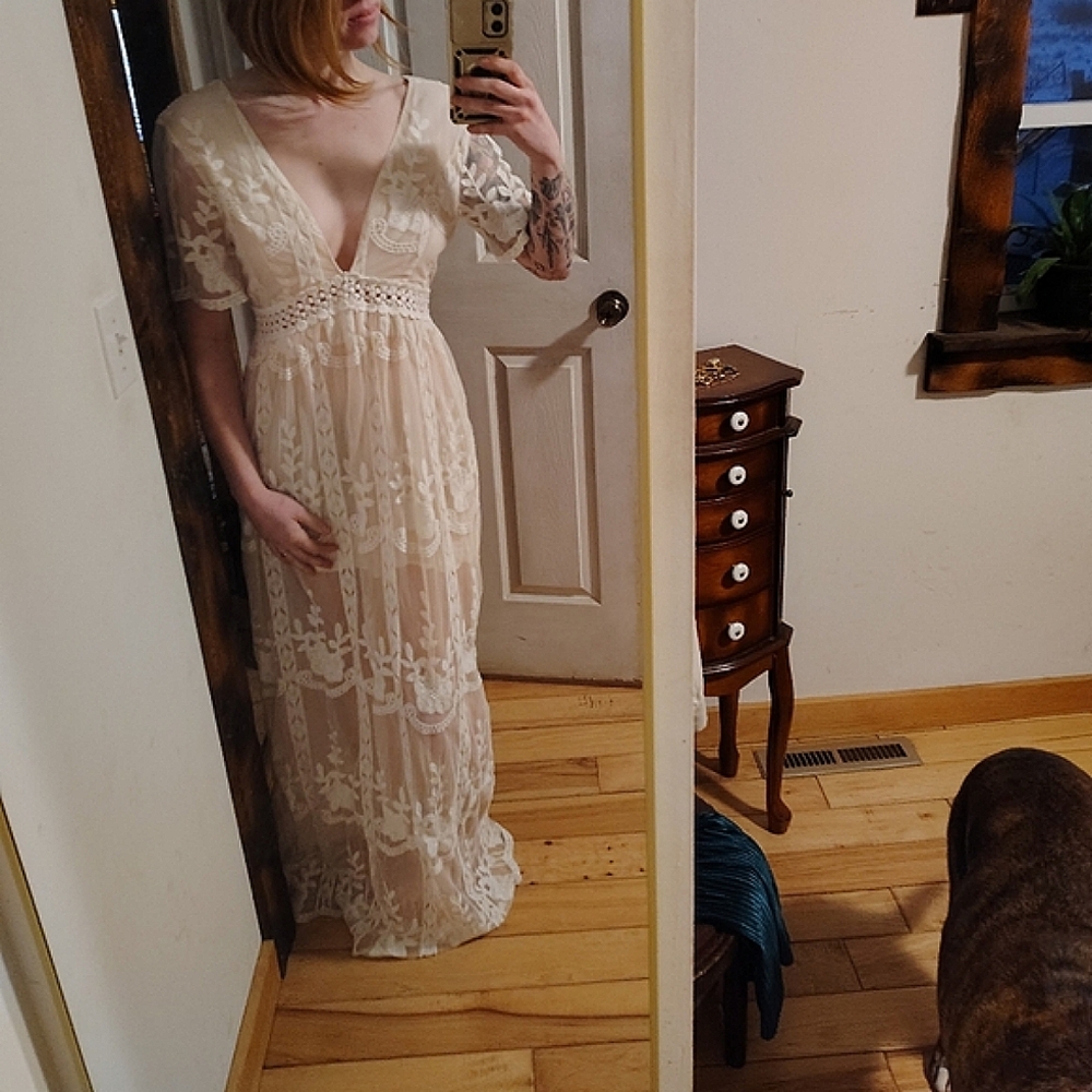 Boho white dress with peach undertones